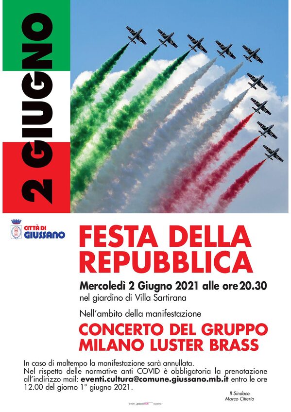 Locandina con scritta in rosso Festa della Repubblica, mercoledì 2 giugno alle ore 20,30 concerto del Gruppo Milano Luster Brass.